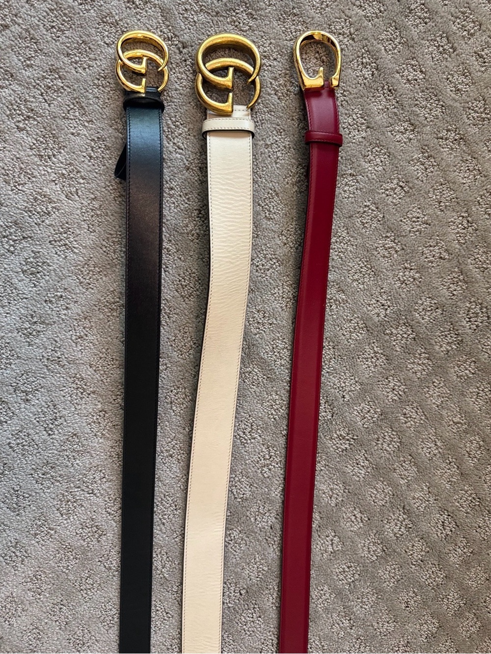 Three-Piece Women’s Belt Set — Black, Cream & Burgundy with Gold Buckles